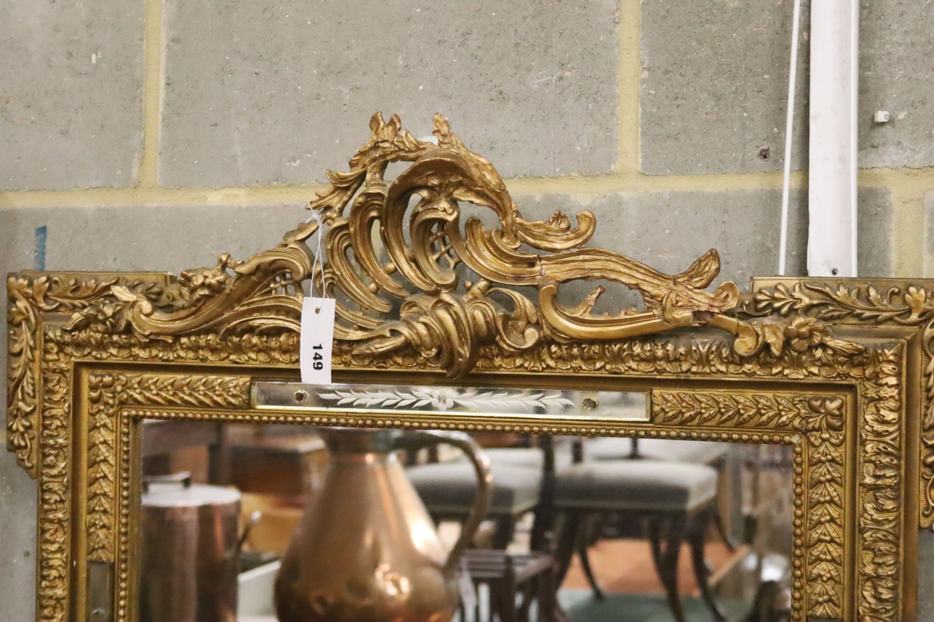 A late 19th century French giltwood and gesso mirror with etched marginal plates, width 82cm, height - Image 2 of 2