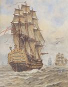 A.G. Clarabut, watercolour, Galleons at sea, signed and dated 1925, 35 x 27cm
