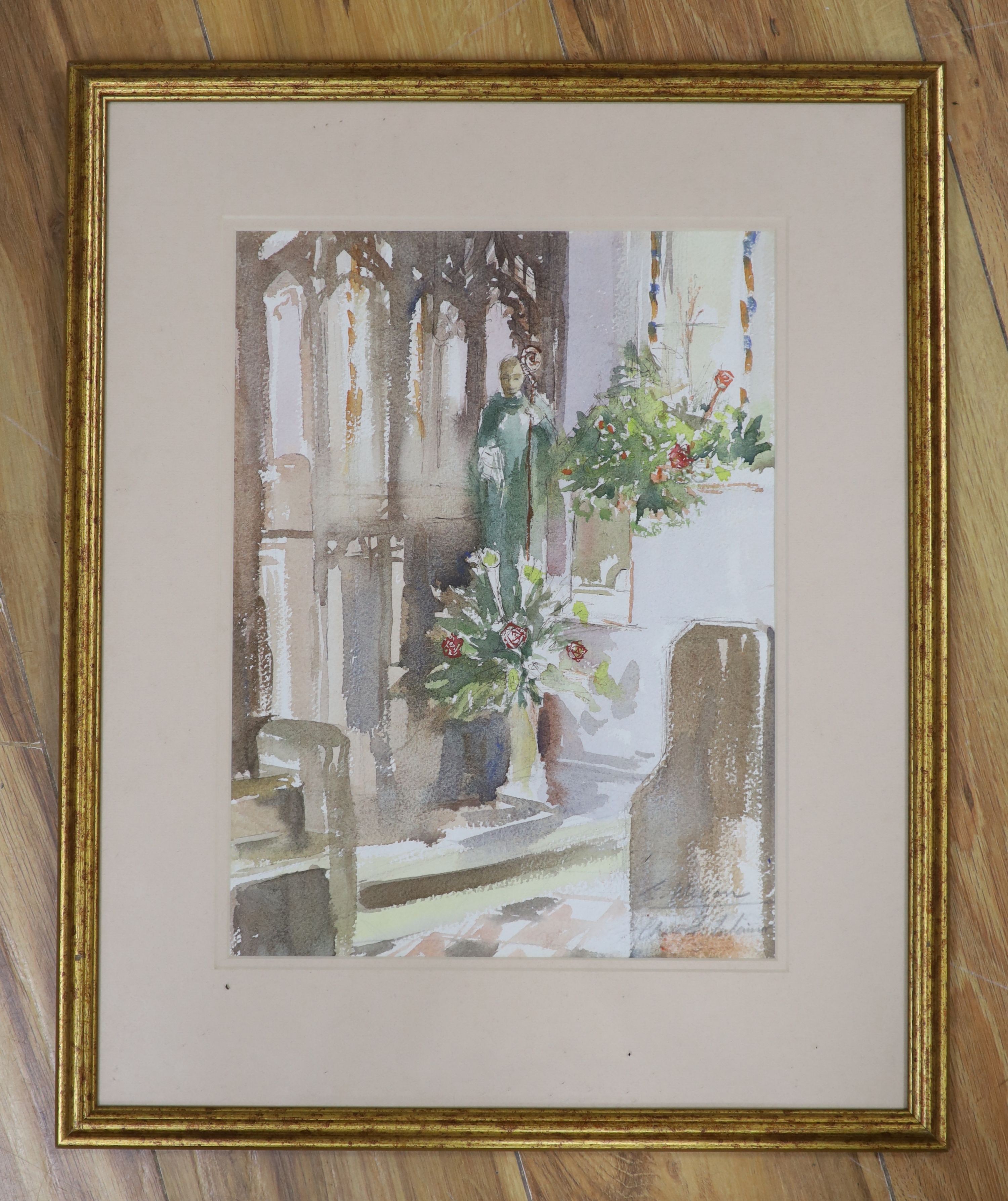 Edward Wesson (1910-1983), watercolour, Church interior, signed in pencil, 33 x 25cm - Image 2 of 3