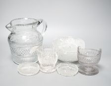 19th century and later deep cut glassware, including a set of six rinsers with turnover handles, 8cm