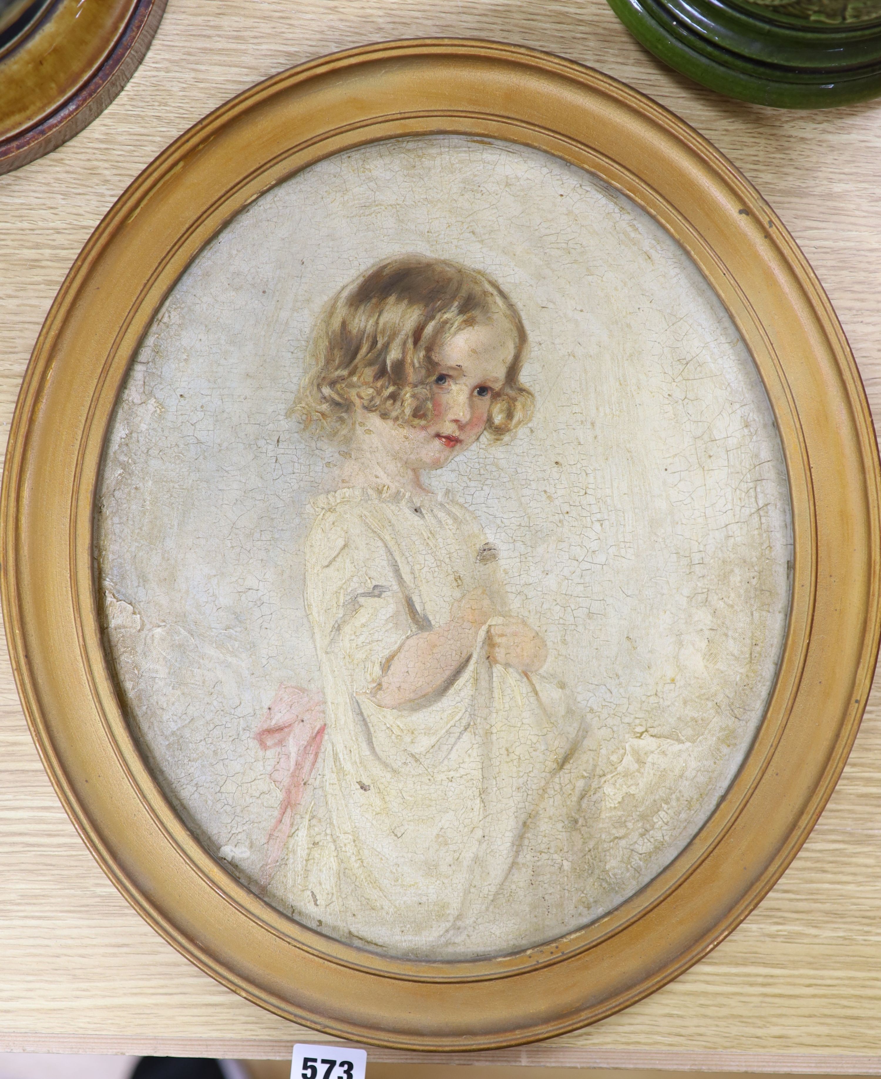 Early 20th century English School, oil on board, Portrait of a young girl, oval, 34 x 29cm - Image 2 of 3