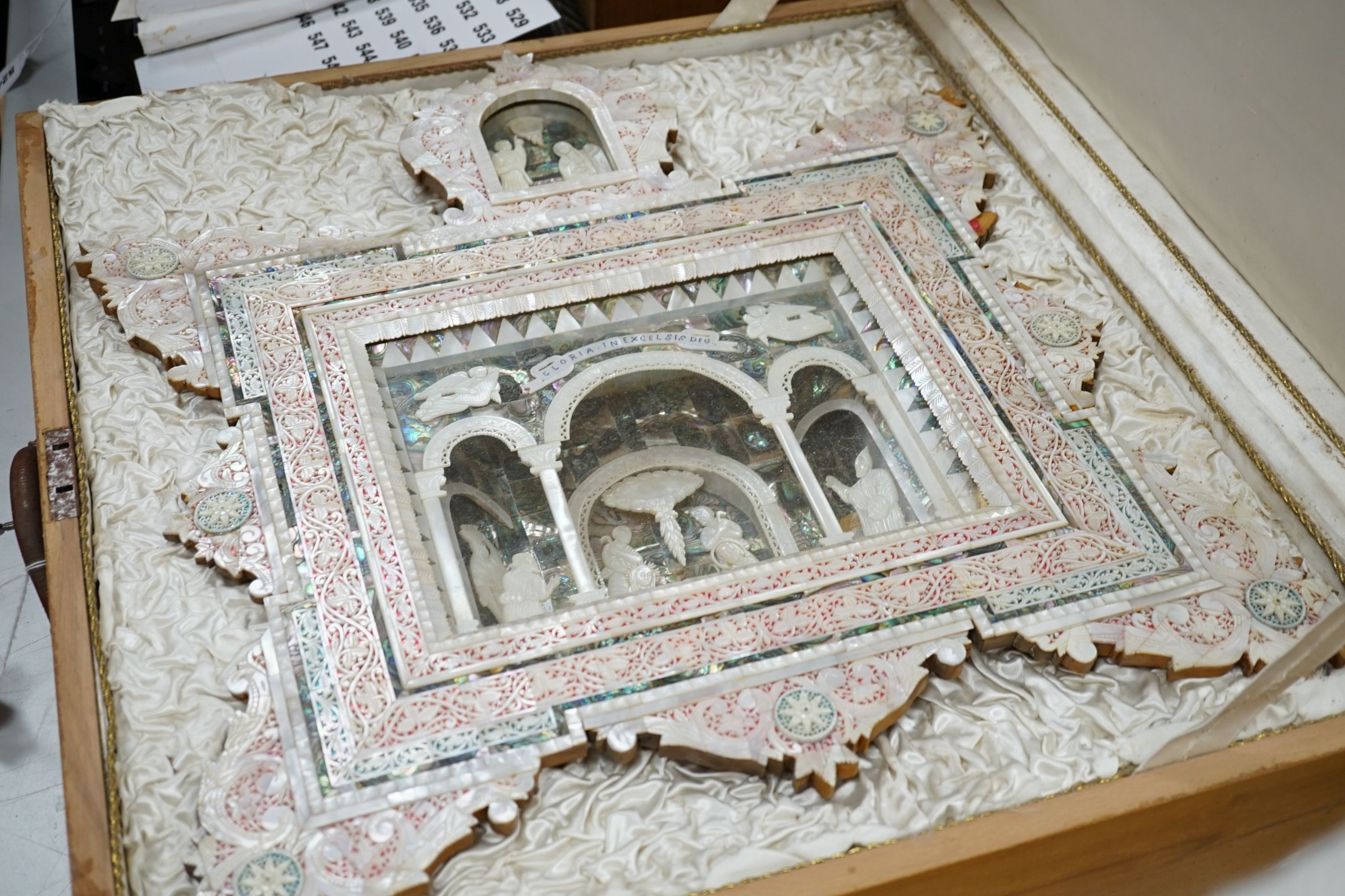 A mid 20th century mother-of-pearl and abalone easel shrine presented by the President of the Senate - Image 3 of 7