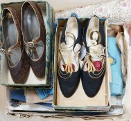 A quantity of mixed woolworks, embroideries and 2 pairs of 1930's lady's shoes