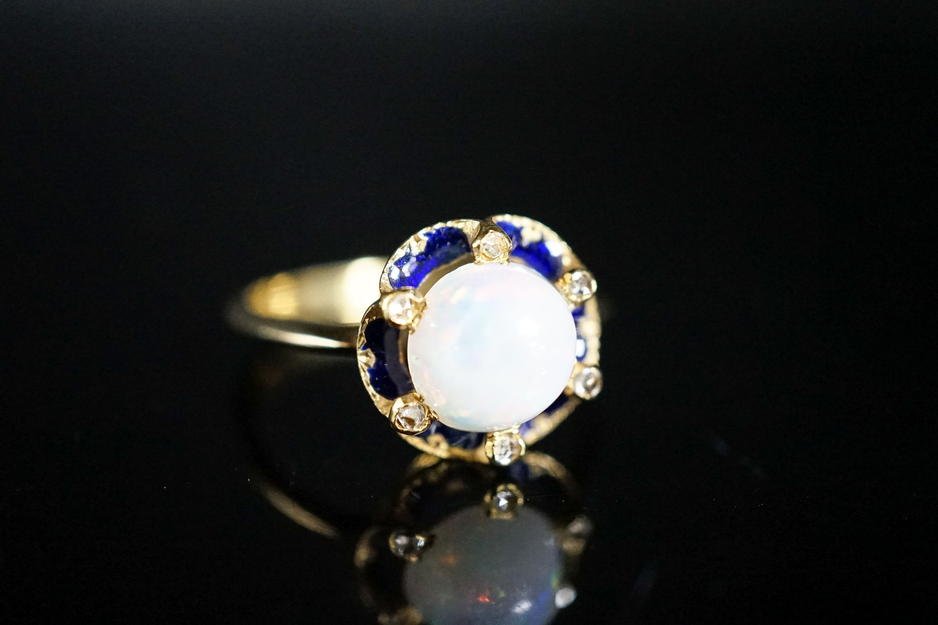 An 18ct, blue enamel, diamond chip and opal set dress ring, size R, gross weight 4.3 grams. - Image 6 of 6