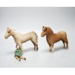 Two Edith Reynolds handmade real skin and leather horse models, 18cm high, together with a female