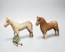 Two Edith Reynolds handmade real skin and leather horse models, 18cm high, together with a female