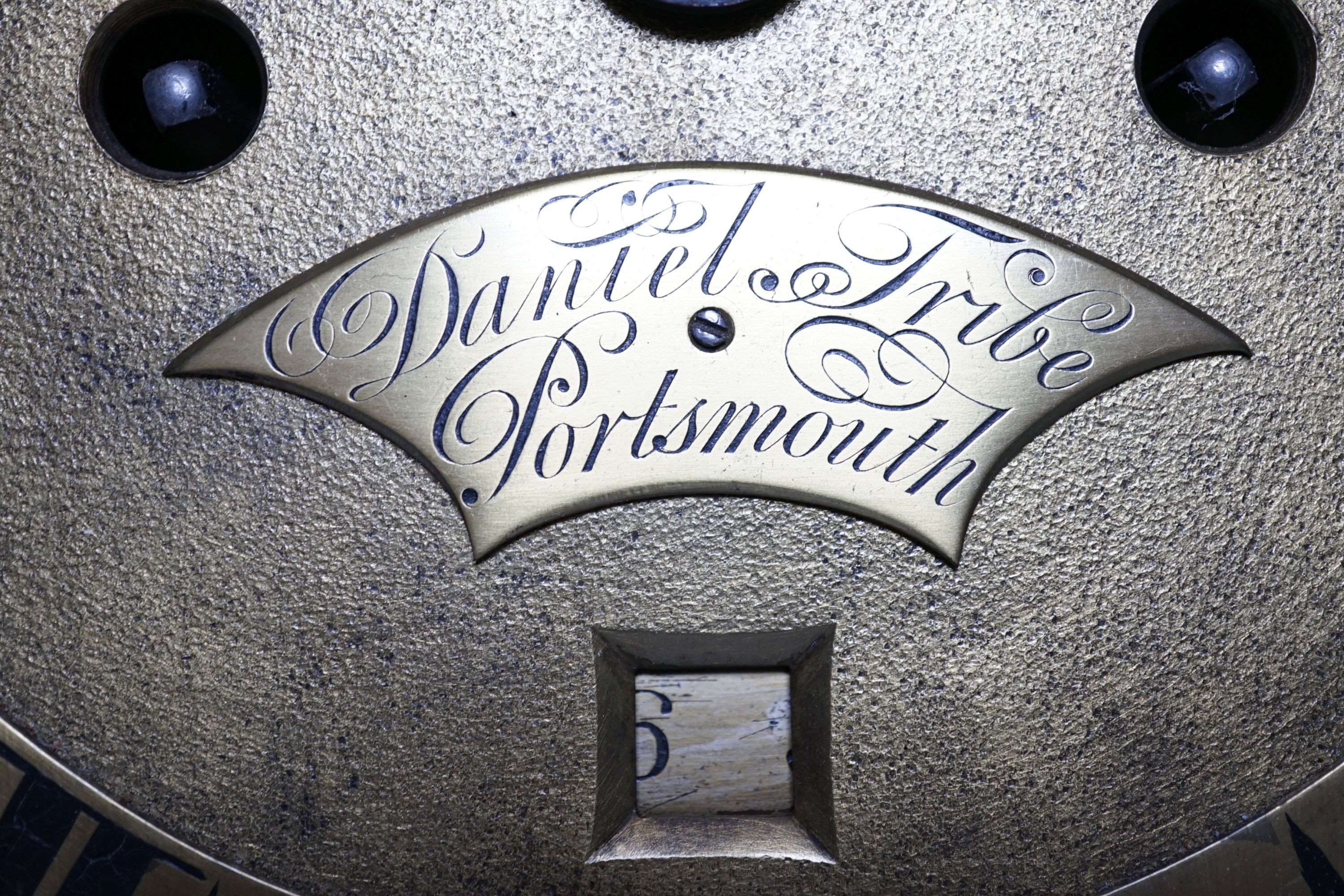 A George III 8-day arched brass dial and five pillar movement, signed Daniel Tribe, Portsmouth, no - Image 2 of 4