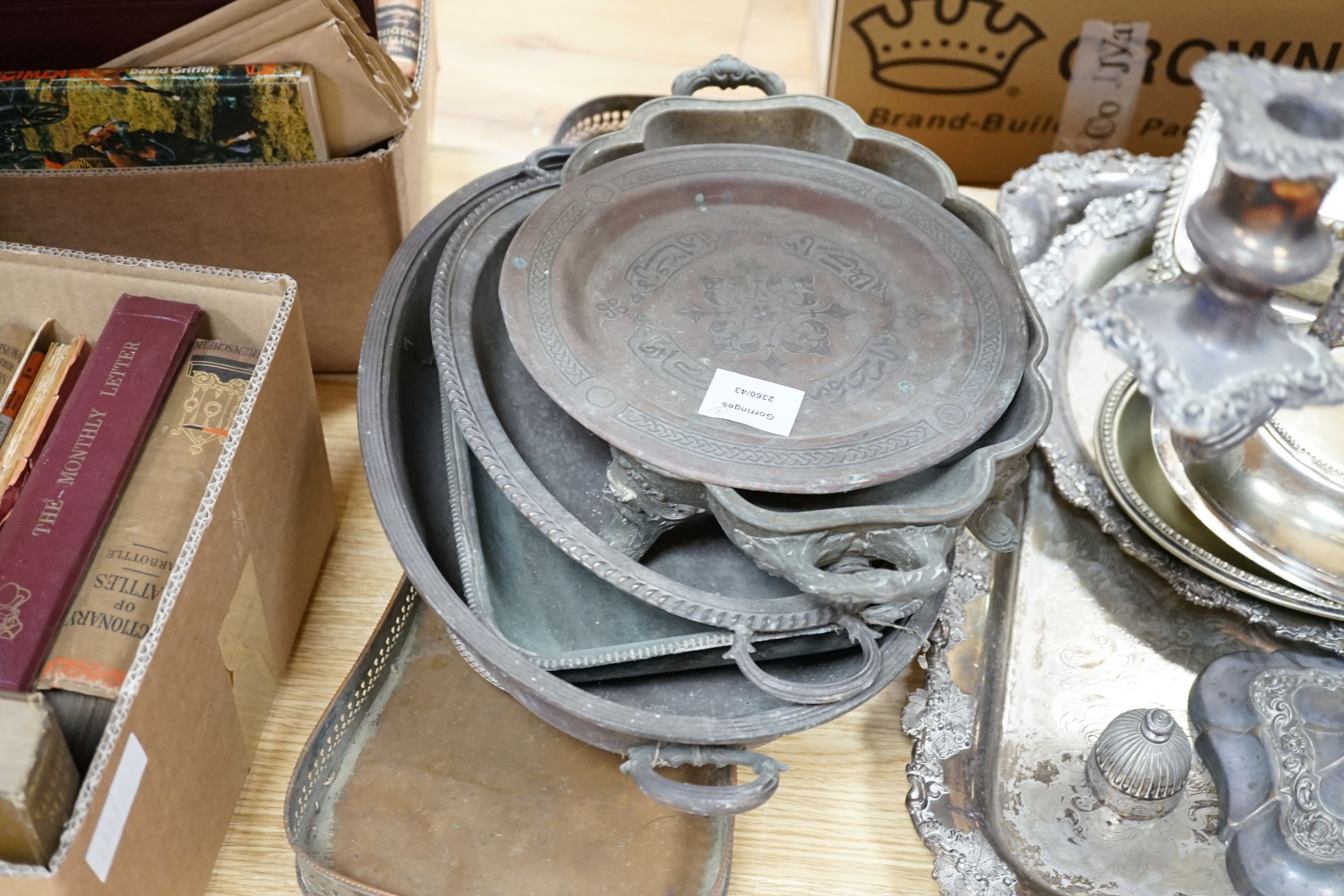 A large plated two handled tea tray, a circular salver, two galleried trays, two candelabrums and - Image 3 of 3