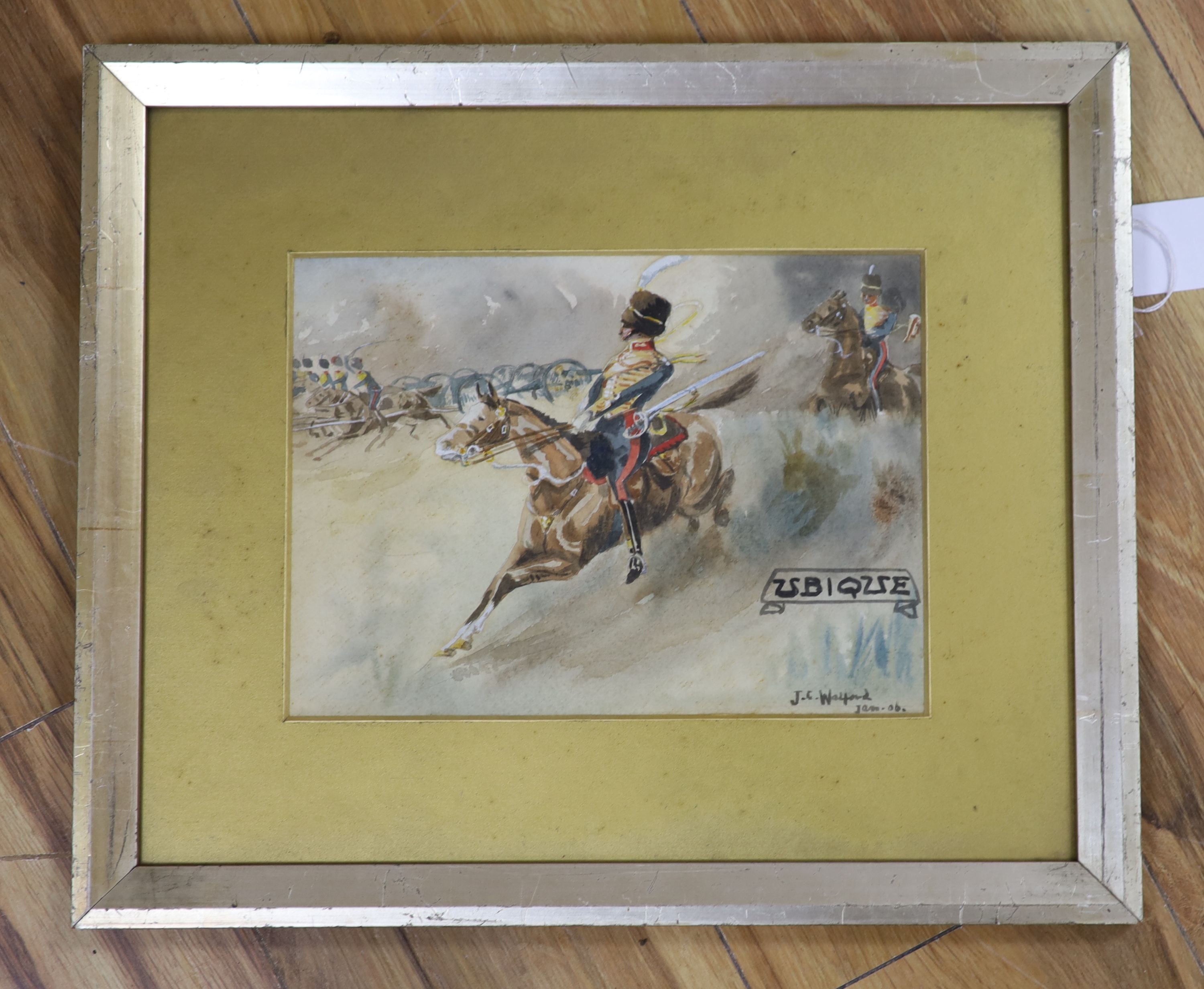 J.C. Walford, watercolour, 'Ubique', Cavalrymen charging, signed and dated '06, 18 x 25cm - Image 2 of 2