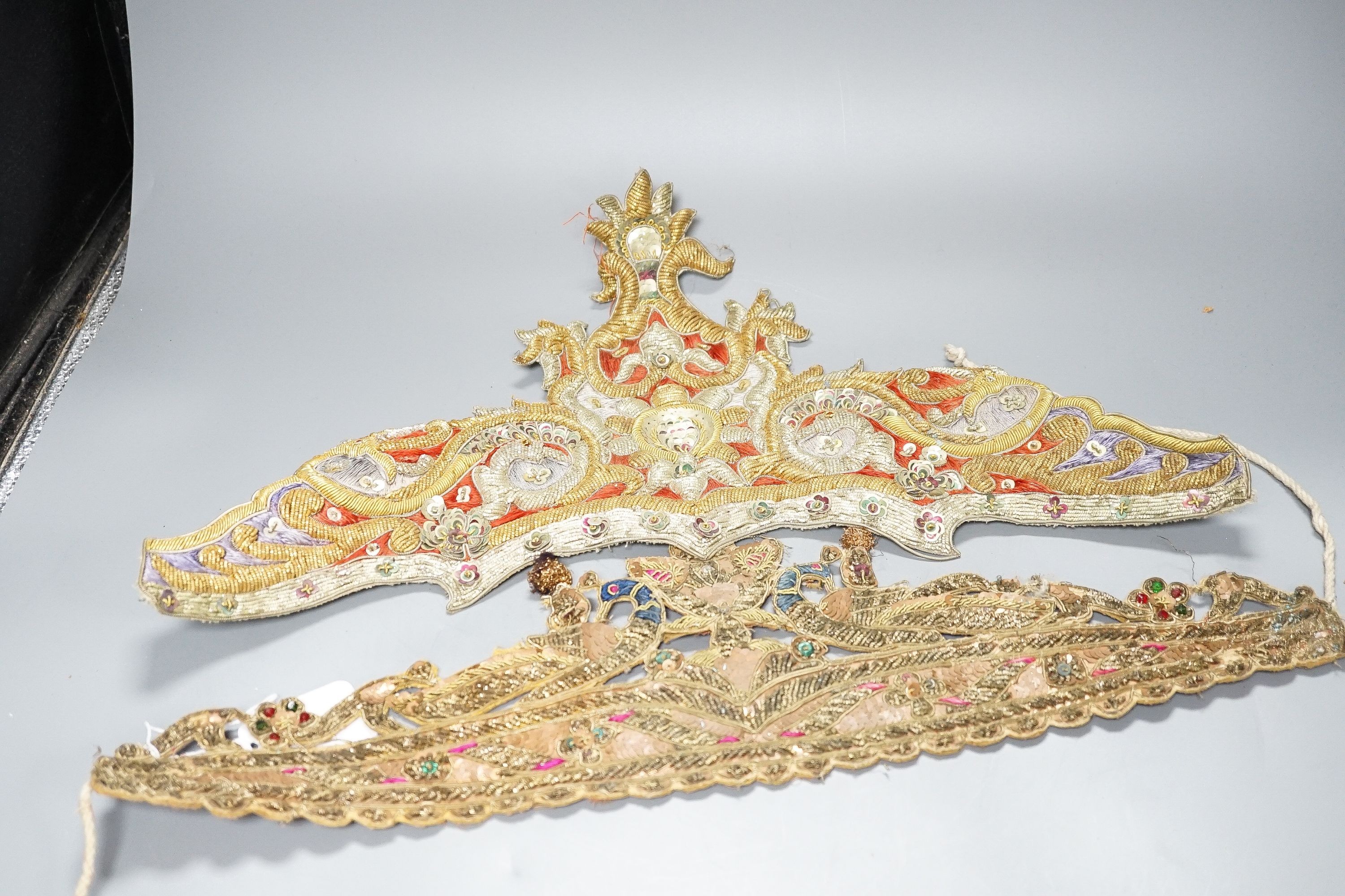 Highly ornate indian silver and gold thread headresses - Image 5 of 6