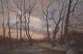 Kenneth Denton (b.1932), oil on board, Winter dusk, Norfolk, signed, 40 x 60cm