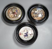 Seven Prattware pot lids, mounted in ebonised wood frames, an F & R Pratt plate and two pot lids