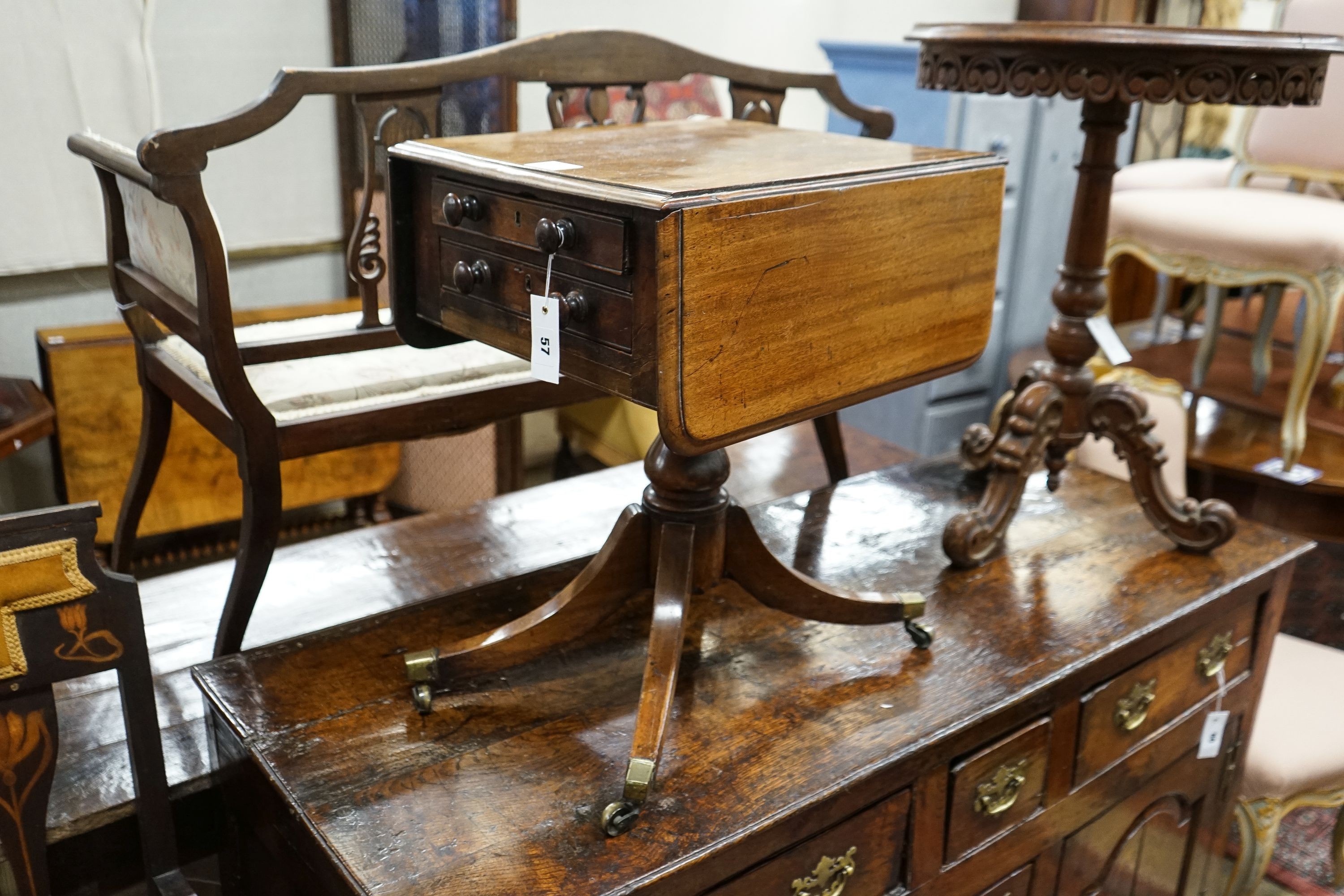 A Regency mahogany drop flap work table, (altered), width 39cm, depth 45cm, height 56cm - Image 2 of 3