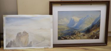 Rutherford, watercolour, Metrora, signed, 45 x 64 cm. Unframed and a watercolour Alpine landscape