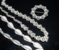 A Danish sterling N.E. From flower head necklace, 39.5cm and matching brooch and one other Danish