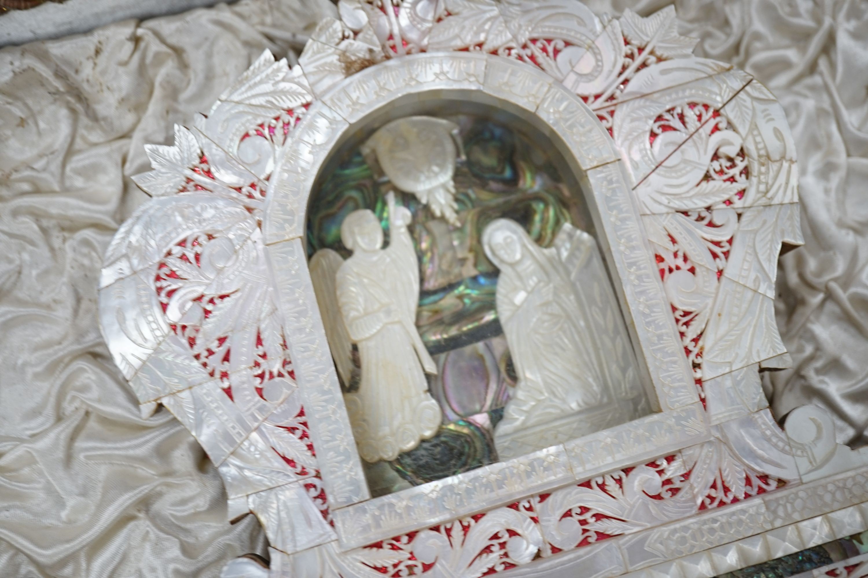 A mid 20th century mother-of-pearl and abalone easel shrine presented by the President of the Senate - Image 7 of 7