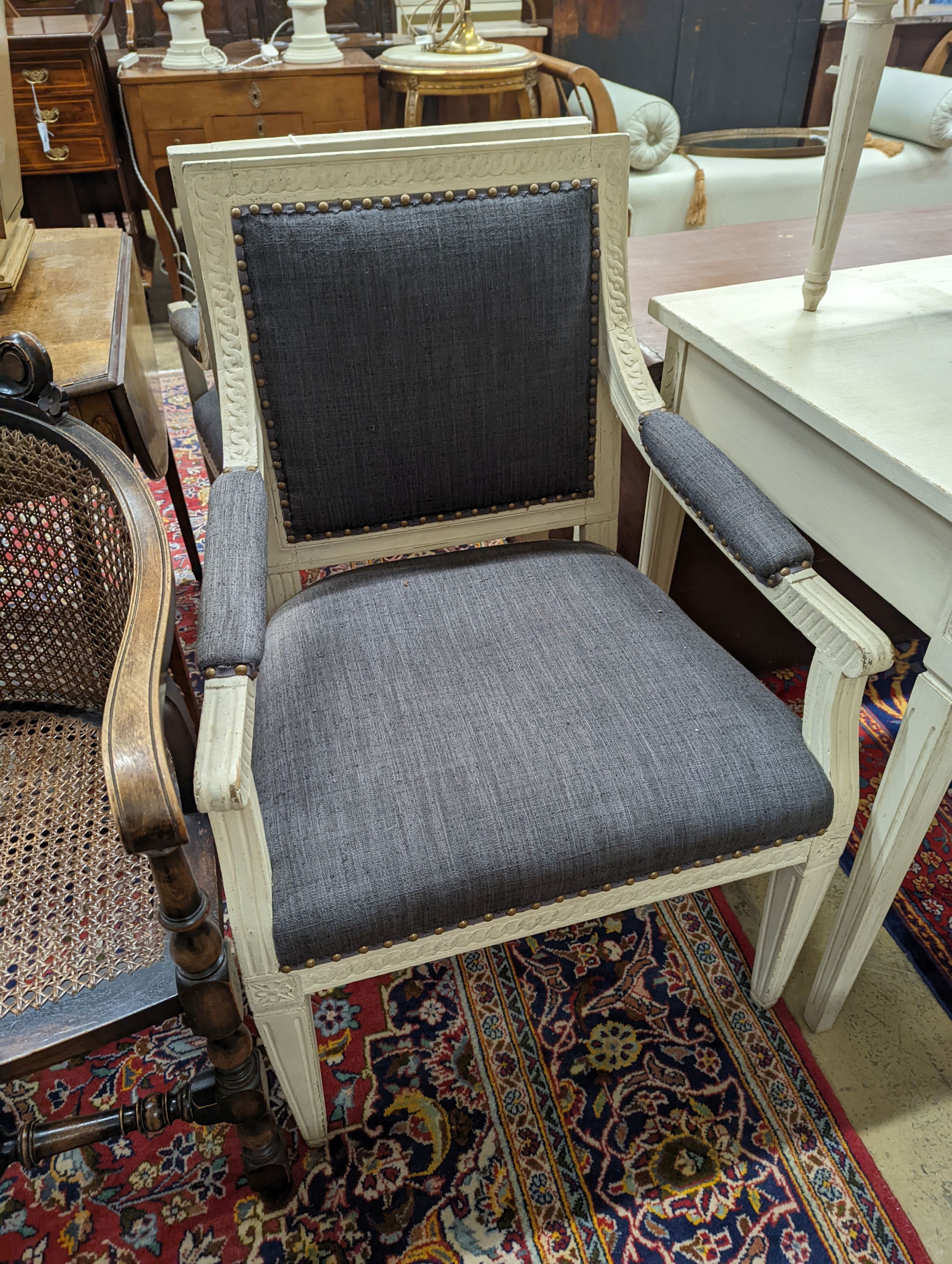 A pair of painted upholstered open armchairs, width 60cm, depth 50cm, height 91cm - Image 4 of 4