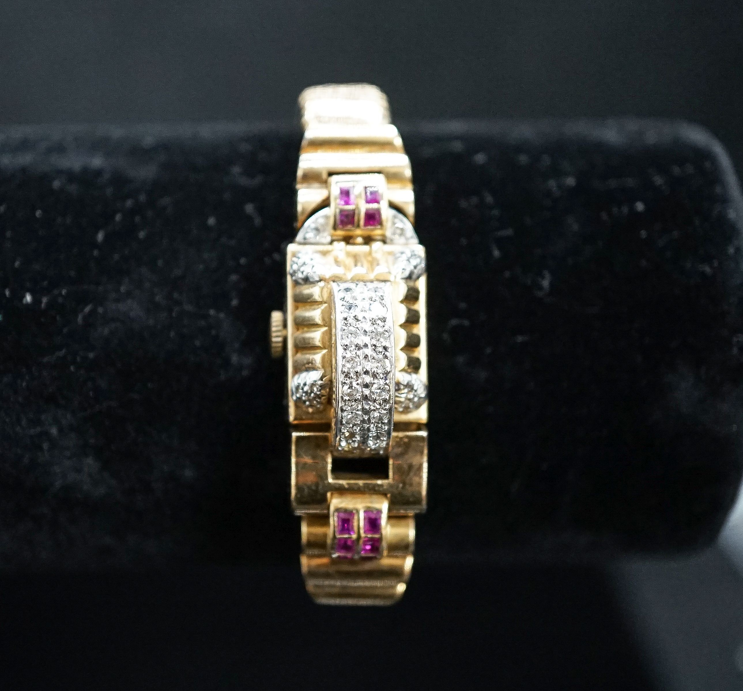A 1950's 9ct gold, ruby and diamond set Emka manual wind cocktail watch, the dial with gem set - Image 2 of 6