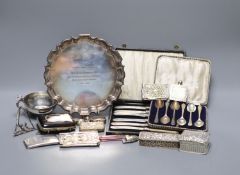 Mixed small silver and plated wares including sterling cup, repousse silver boxes, cased silver
