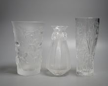 Three modern Lalique frosted glass vases - Oeillets (Carnations), Mustang and Elves pattern, tallest