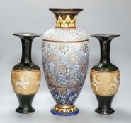 A large Doulton Slater's Patent vase, 46cm and a pair of similar smaller vases, 34cm