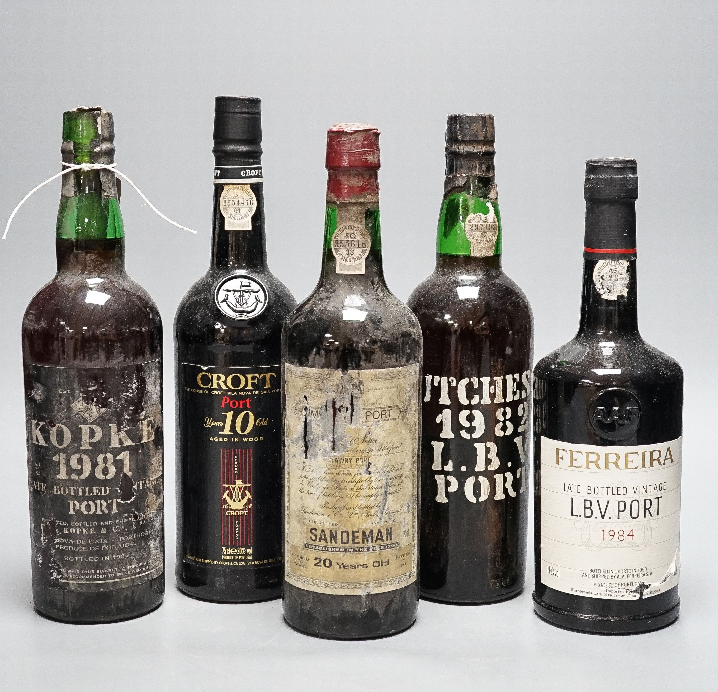 Five bottles - Kopke LBV (bottled 1986), Hutcheson LBV (bottled 1988), Feirraira LBV (bottled 1990),