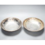 A pair of Keswick School of Industrial Arts silver plated bowls, on stylised spade feet, 23cm