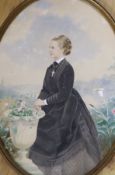 English School c.1900, watercolour, Portrait of a lady dressed in black standing in a landscape,