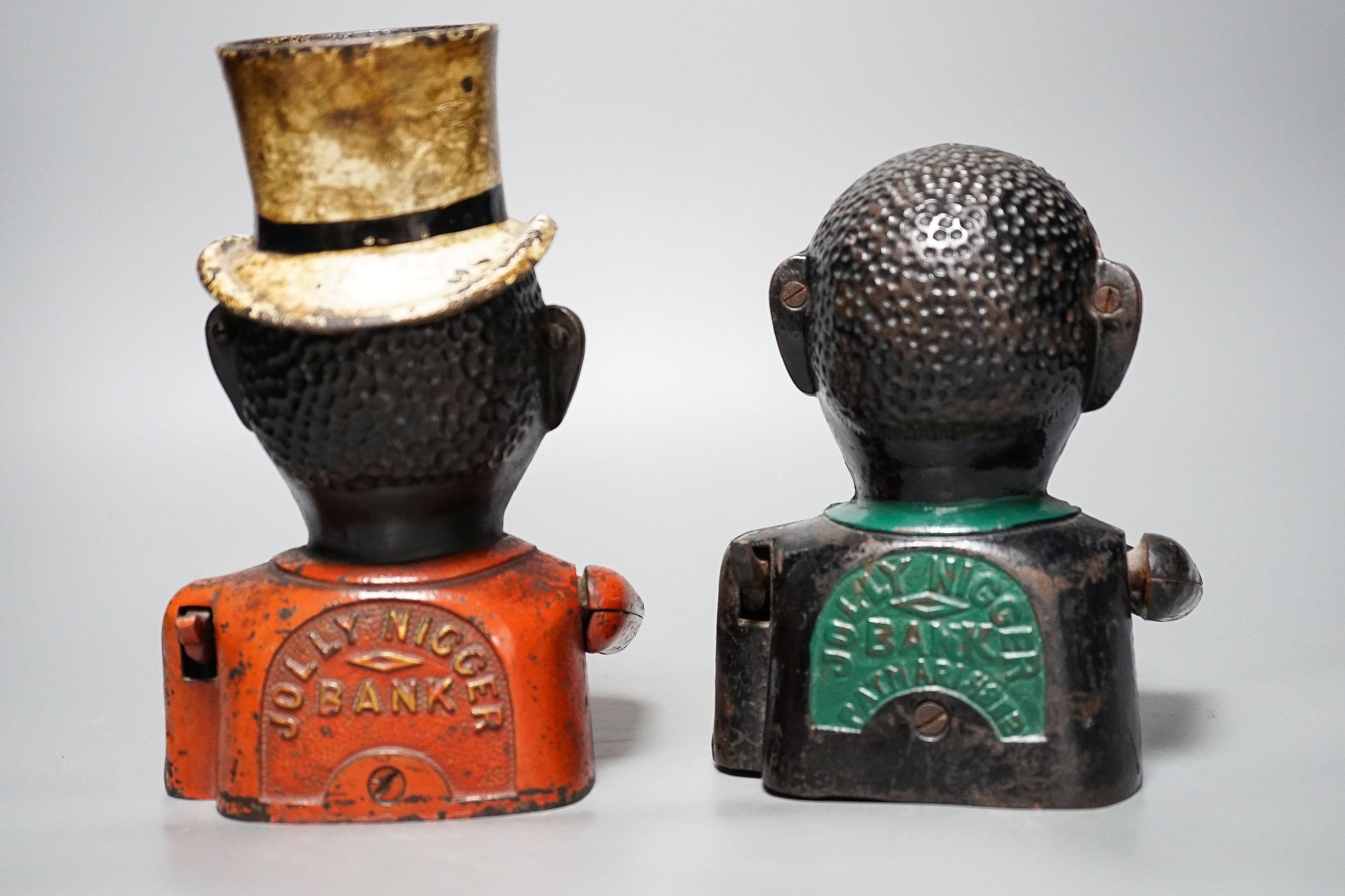 Two 19th century American painted cast iron money banks, tallest 21 cm - Image 2 of 2