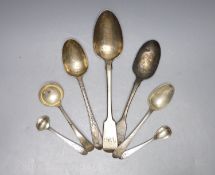 Five items of mainly 19th century Irish silver flatware and two other English silver spoons, 7.5oz.