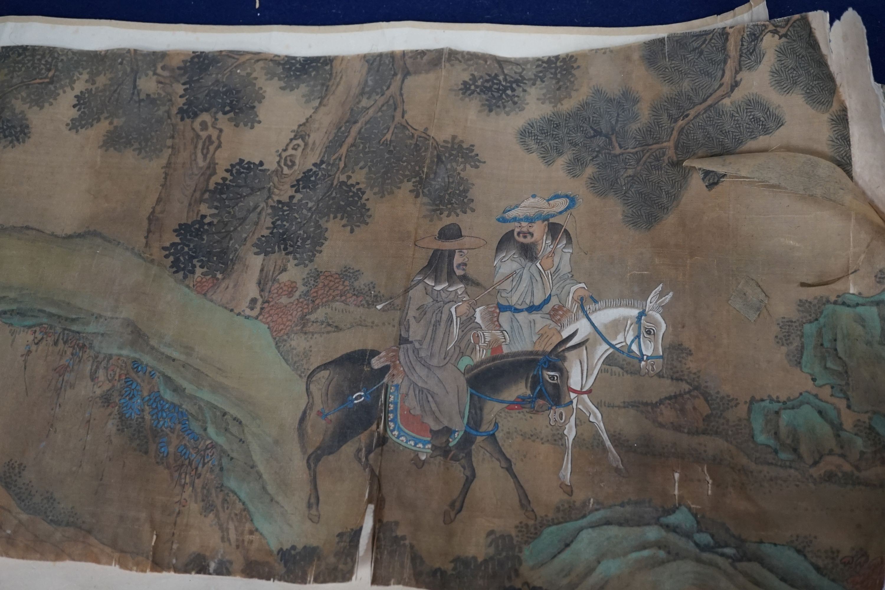 A 19th century Chinese hand scroll painting on silk of figures in a landscape, approximately 206 - Image 7 of 10