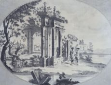 Late 18th century English School, ink and wash, English gentleman beside classical ruins, 23 x 29cm