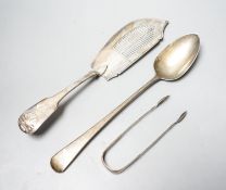 A late George III silver fiddle and shell pattern fish slice, London, 1819, a pair of silver sugar