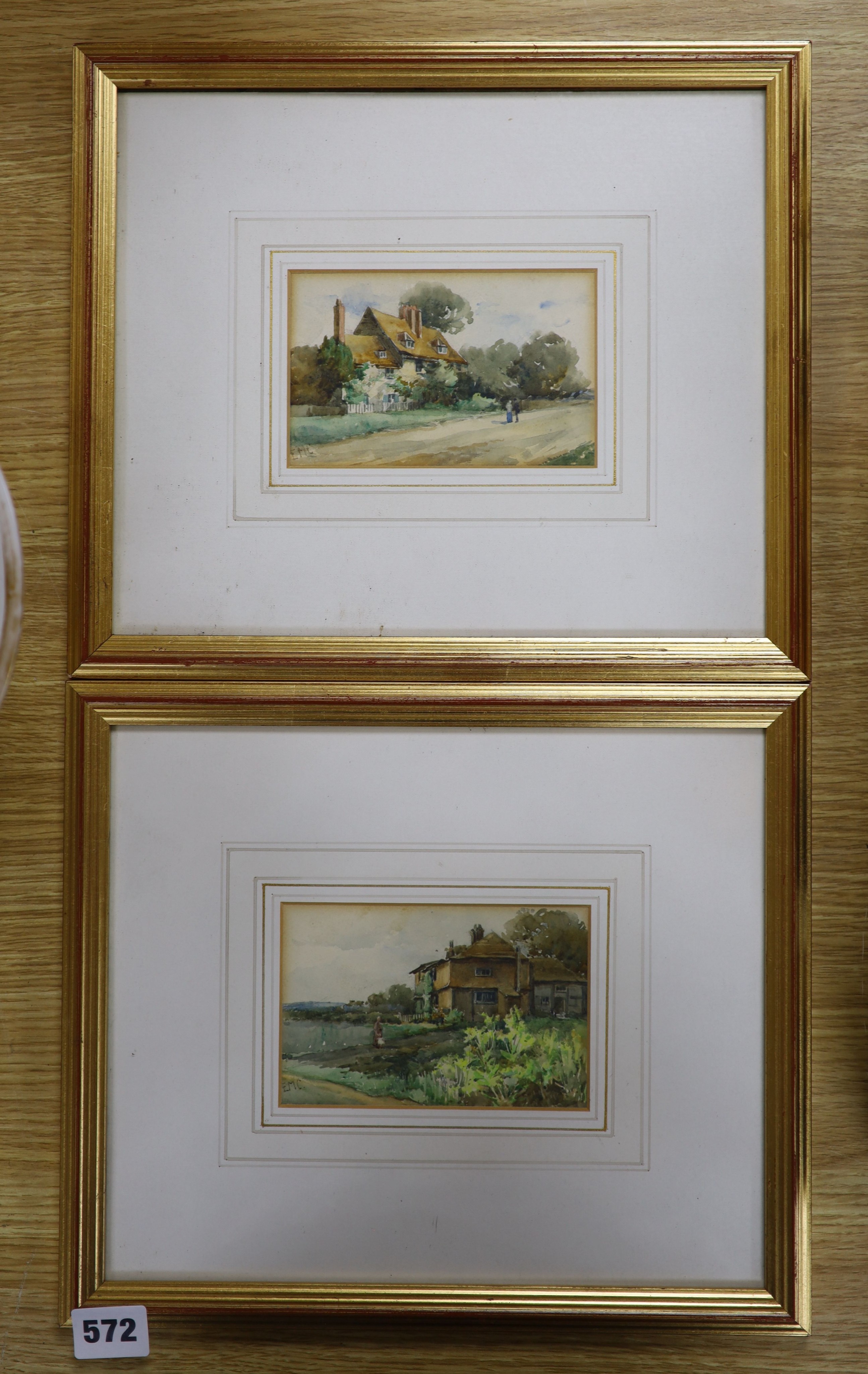 EME, pair of watercolours, Cottages at Hampstead and Rudgewick, Sussex, 8 x 13cm - Image 2 of 4