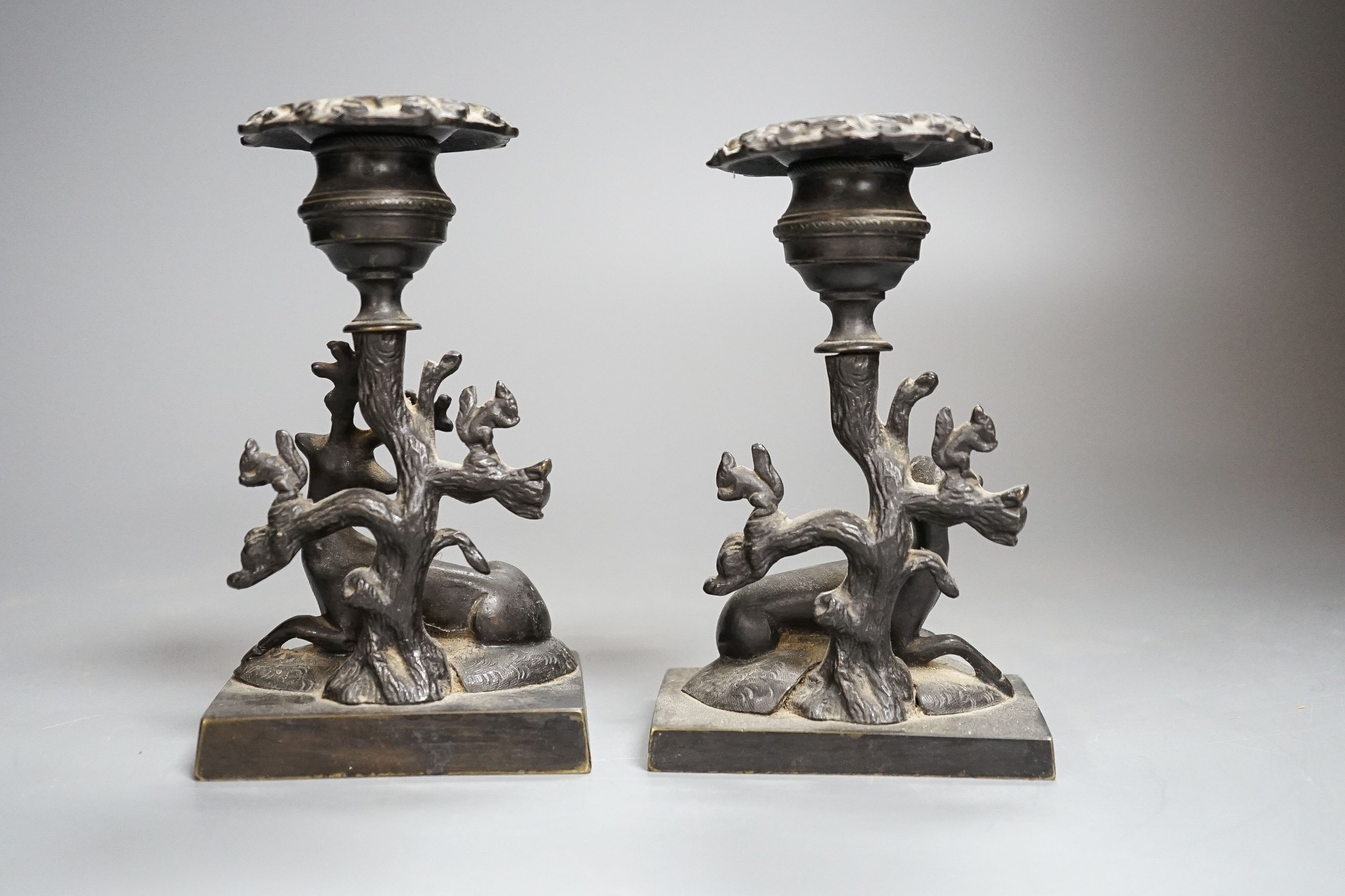 A pair of 19th century bronze ‘stag and doe’ dwarf candlesticks 14cm - Image 4 of 4