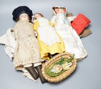 Two German bisque headed dolls, marked ‘Mabel 14/0’, 32cm and the other ‘Darling 6/0’, 42cm and