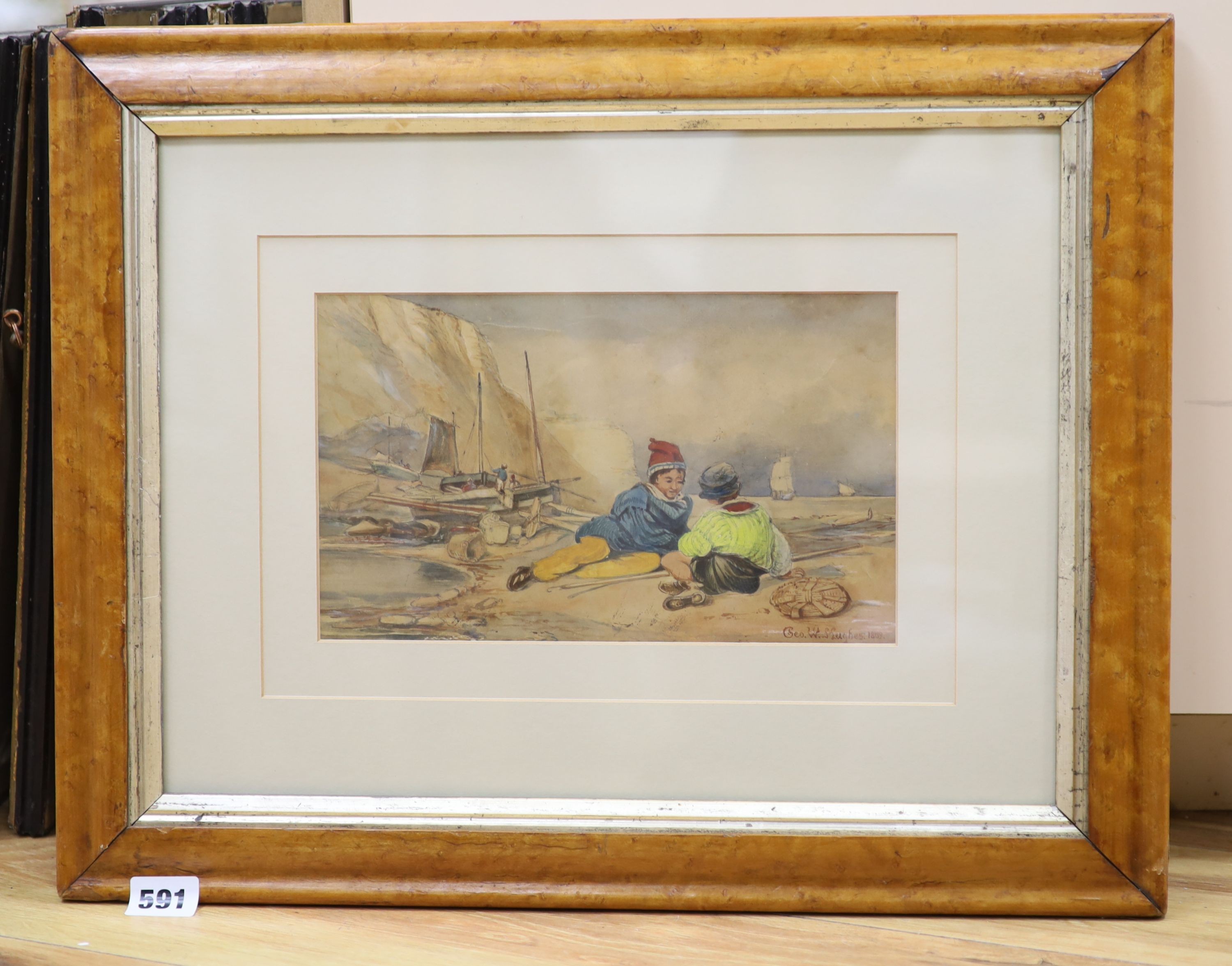 George W. Hughes (fl.1813-58), watercolour, Fisherboys on the shore, signed and dated 1809, 15 x - Image 2 of 2