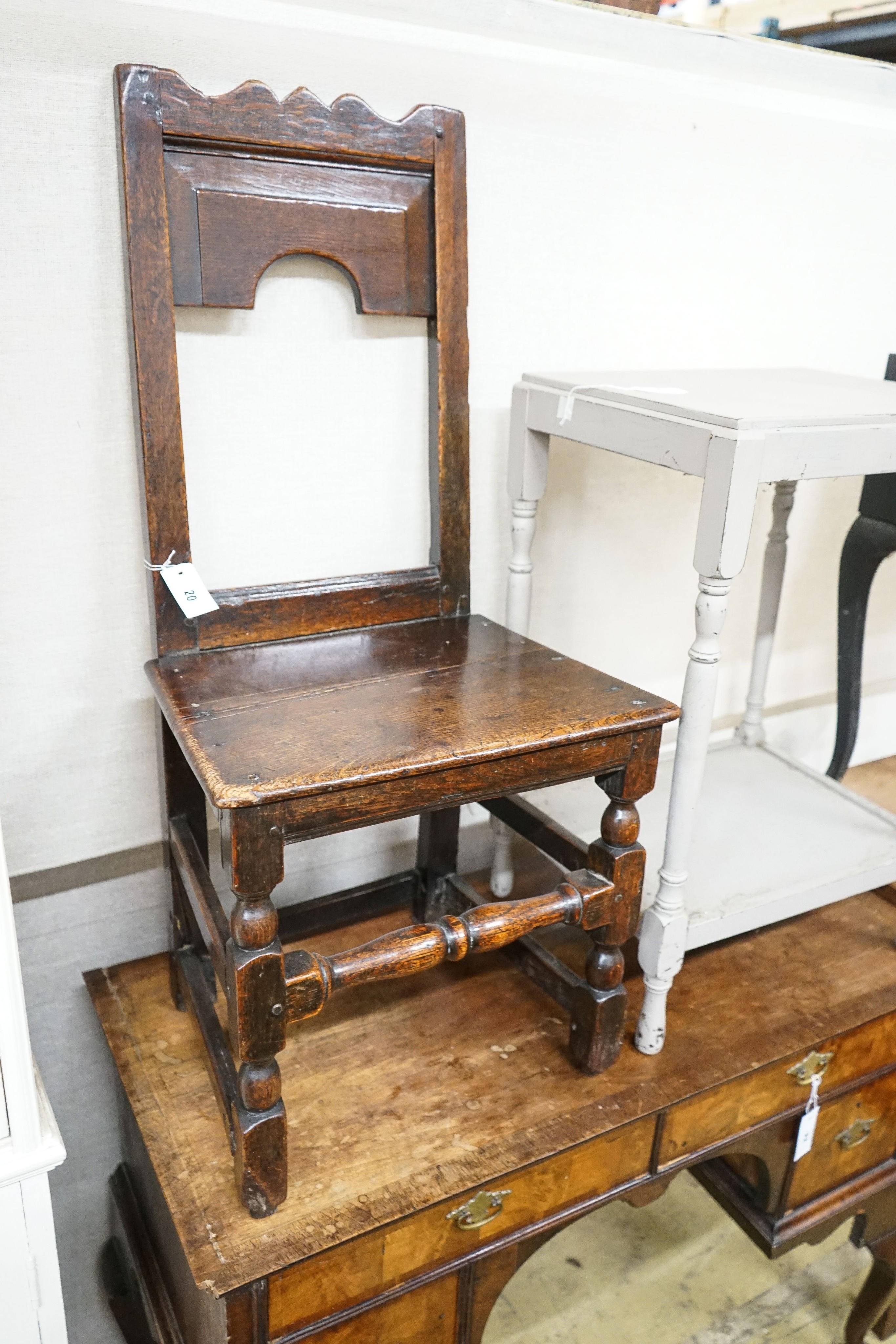 A late 17th century oak back stool, length 46cm, depth 35cm, height 96cm - Image 2 of 2