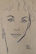 Arthur Ferrier, pen and ink, Study of a woman’s head with diamond earring, signed, 40 x 27 cm.