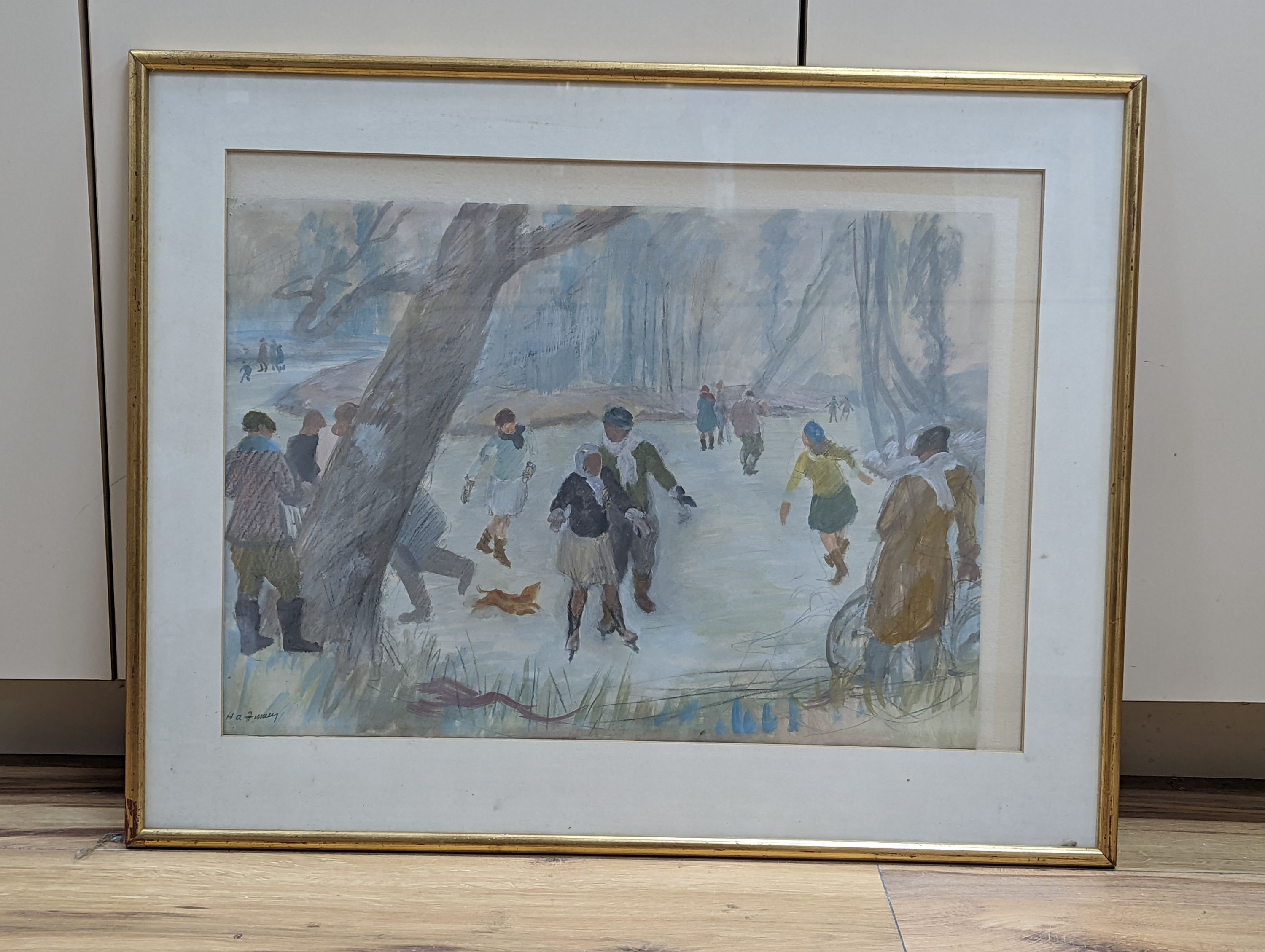 Hubert Arthur Finney (1905-1991), watercolour, Skaters in winter, signed, 41 x 57cm - Image 2 of 4