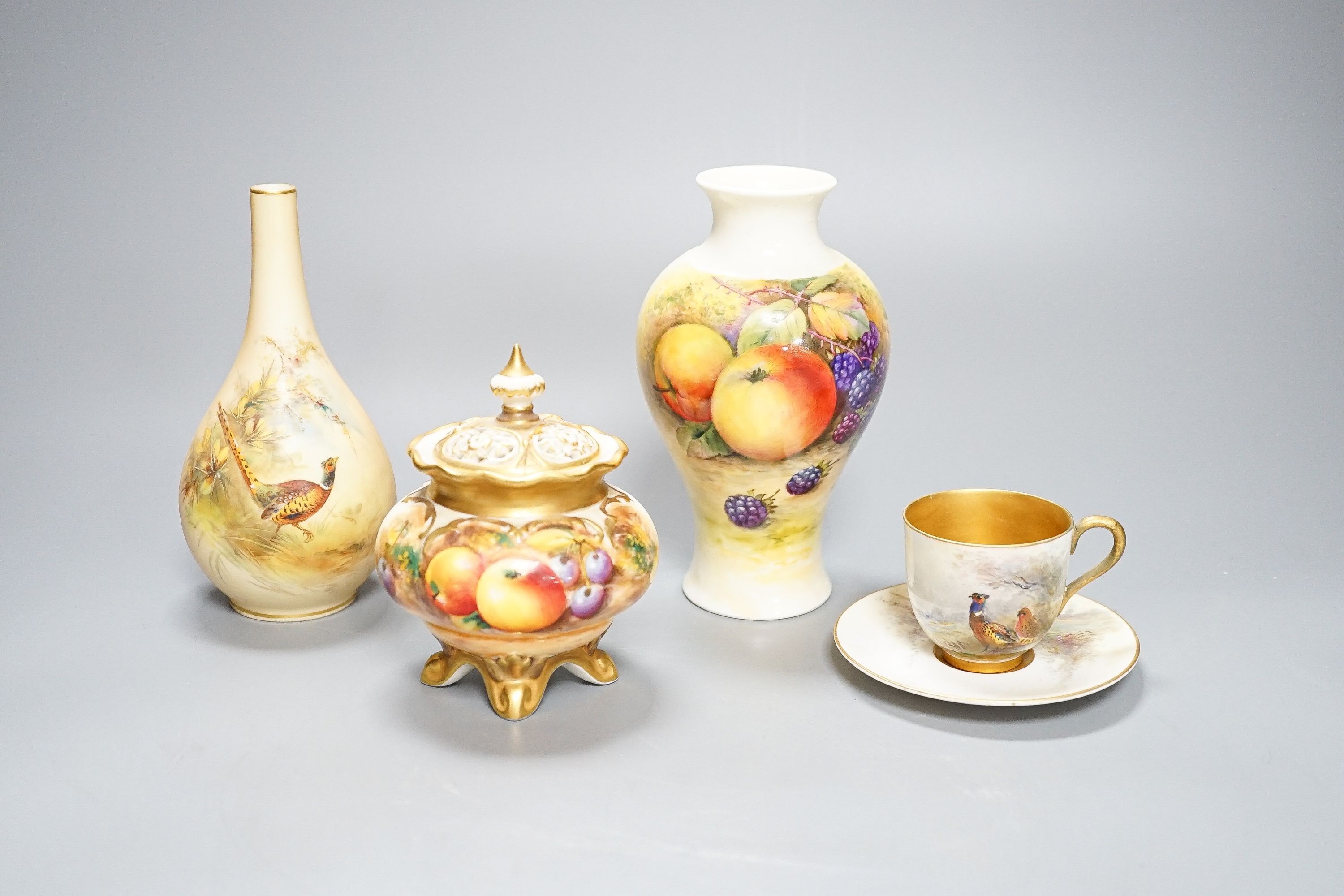 A Royal Worcester fruit painted small pot pourri and cover, 10.9cm high and a similar vase, 15cm, - Image 2 of 12