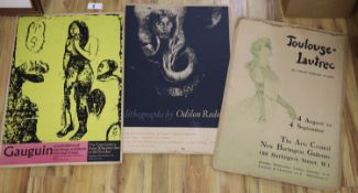 Three printed posters mounted on card for Exhibitions of Works by Gauguin, Odilon Redon and