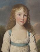 Early 19th century English School, oil on canvas, Portrait of a child wearing a ribbon tied dress,