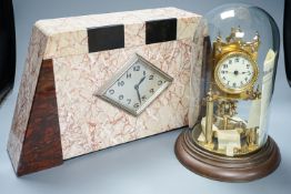 An Art Deco rouge marble mantel timepiece, 45cm wide, quartz movement replacement and a brass