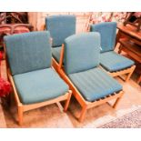 A set of four Ercol pale beech lounge chairs with cushion seats and backs, width 60cm, depth 66cm,