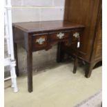 A George III provincial mahogany banded oak low boy, width 82cm, depth 46cm, height 72cm