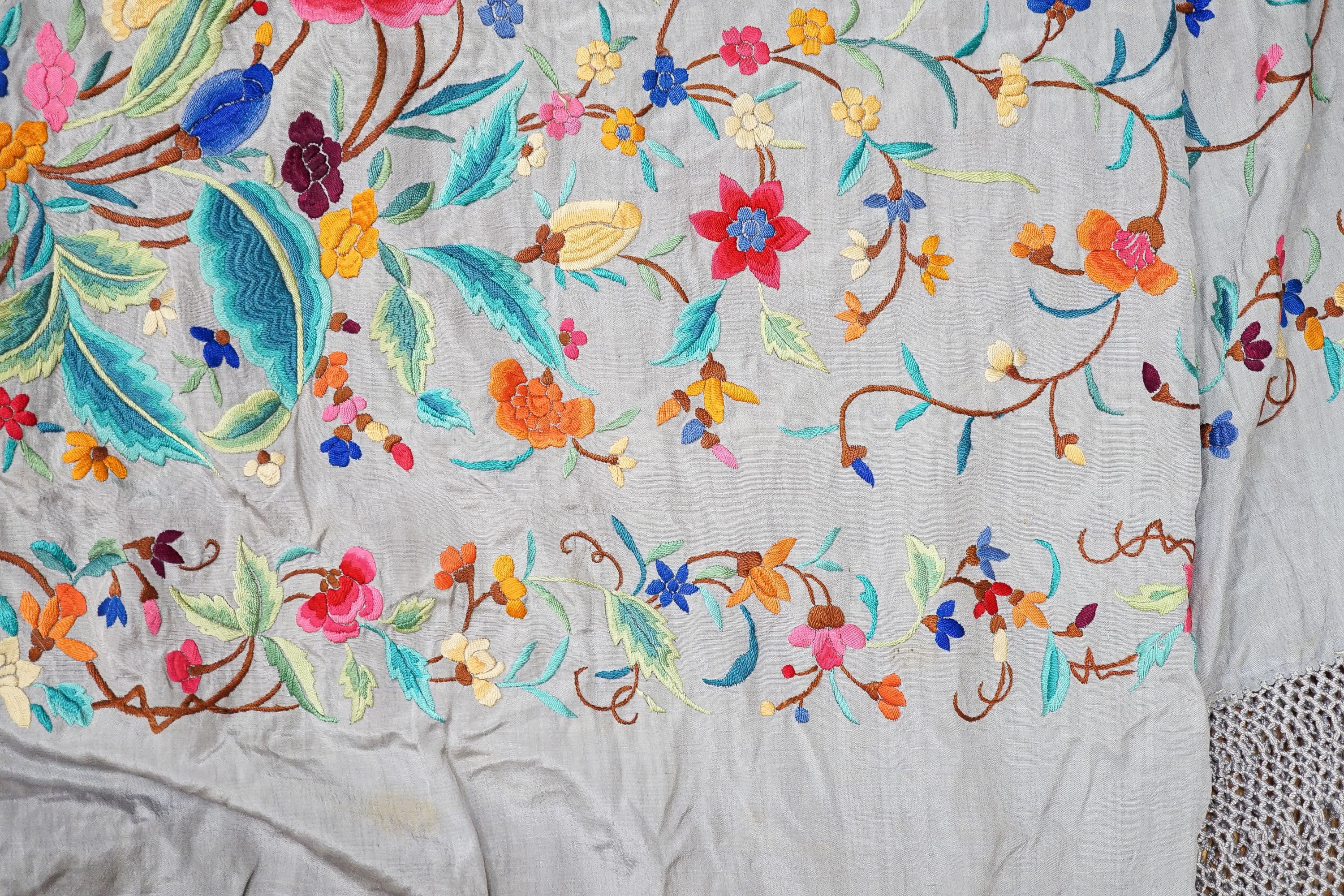 A large 19th century grey embroidered polychrome silk shawl 163x153cm - Image 3 of 5