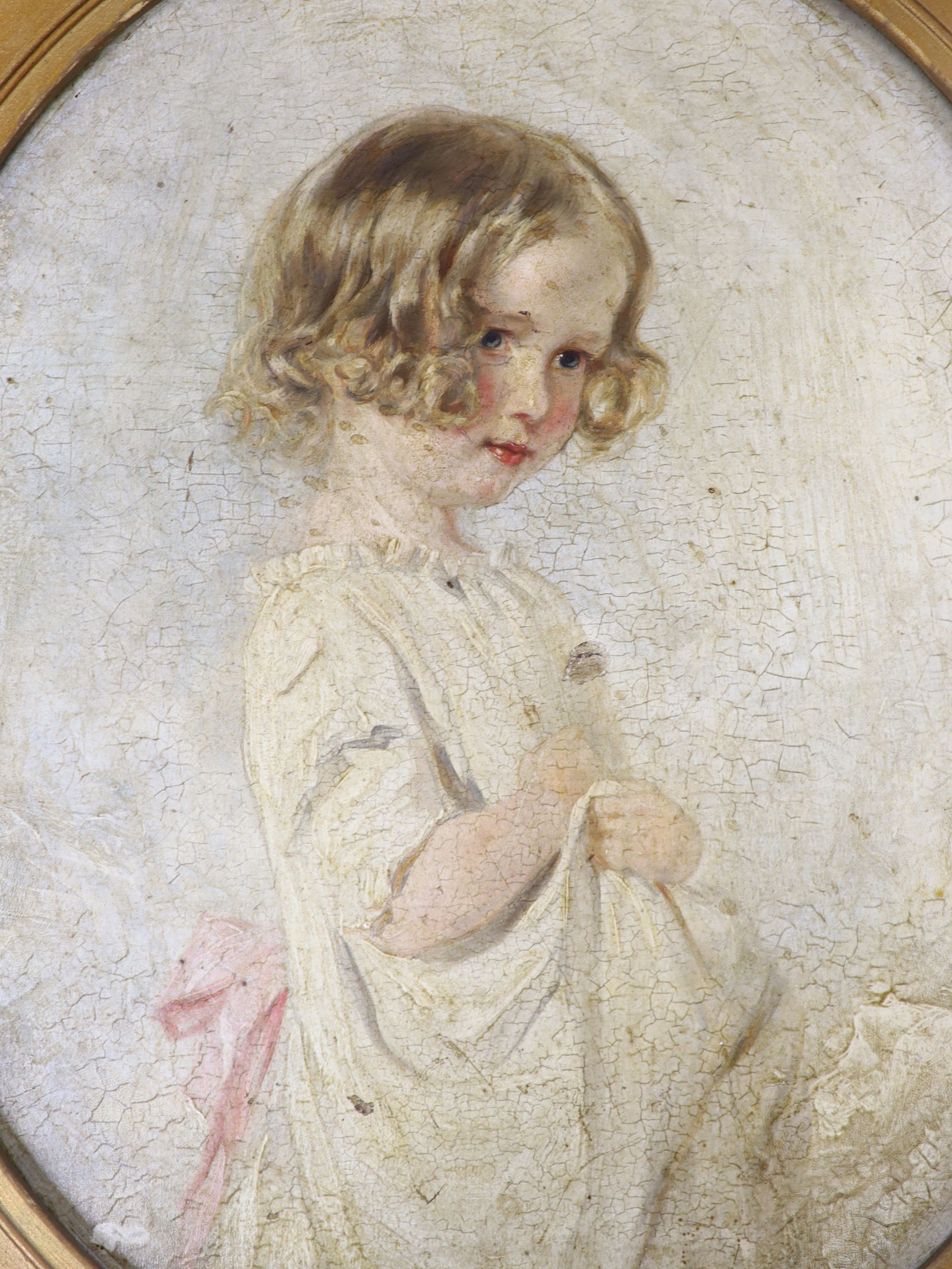 Early 20th century English School, oil on board, Portrait of a young girl, oval, 34 x 29cm