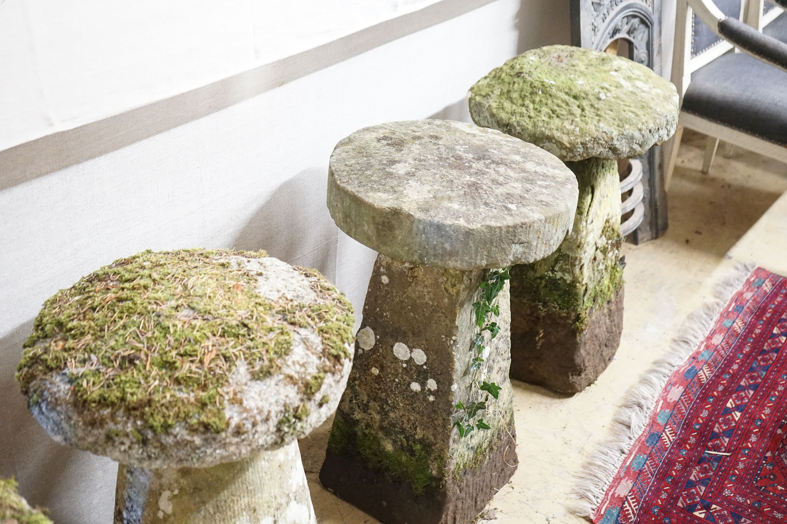 Four weathered staddle stones, largest width 44cm, height 74cm - Image 2 of 4