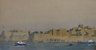 Kenneth Holmes (1906-1994), watercolour, HMS London visiting Malta 1979, signed, 20 x 39cm